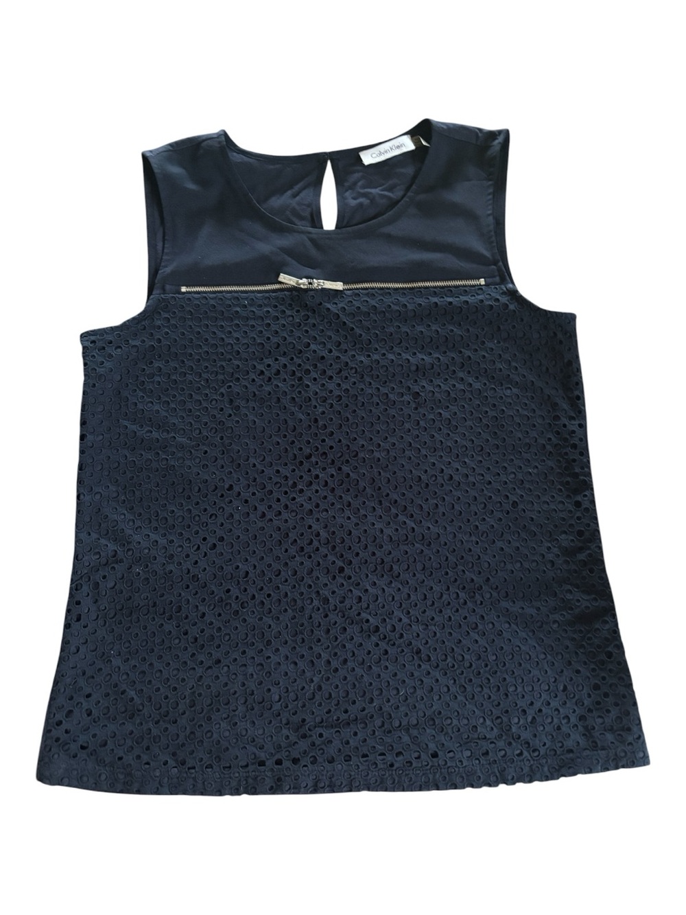 Calvin Klein Navy Eyelet Zip-Front Sleeveless Shell Top M/L (see measures) GUC